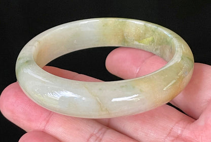 Flat inner and round outer edges of 58.3mm icy yellow, green, and white Burmese jade bangle JB053