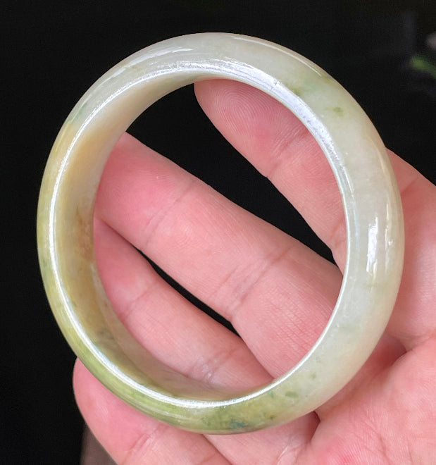 Flat inner and round outer edges of 58.3mm icy yellow, green, and white Burmese jade bangle JB053