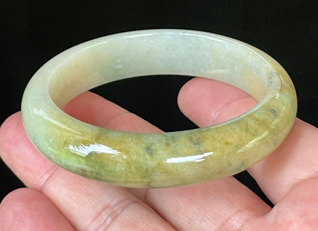 Flat inner and round outer edges of 58.3mm icy yellow, green, and white Burmese jade bangle JB053