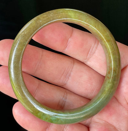 Flat inner and round outer edges of 55mm icy apple green, moss green, and honey red Burmese jade bangle JB873