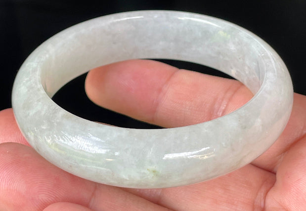 Flat inner and round outer edges of 56.7mm icy apple green and white Burmese jade bangle JB103