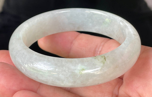 Flat inner and round outer edges of 56.7mm icy apple green and white Burmese jade bangle JB103