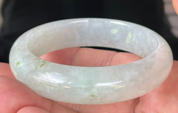 Flat inner and round outer edges of 56.7mm icy apple green and white Burmese jade bangle JB103