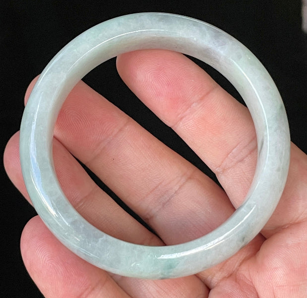 Flat inner and round outer edges of 55.2mm icy apple green and greyish white Burmese jade bangle JB920
