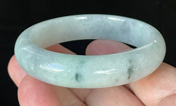 Flat inner and round outer edges of 55.2mm icy apple green and greyish white Burmese jade bangle JB920