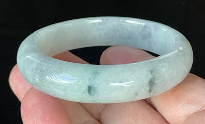 Flat inner and round outer edges of 55.2mm icy apple green and greyish white Burmese jade bangle JB920