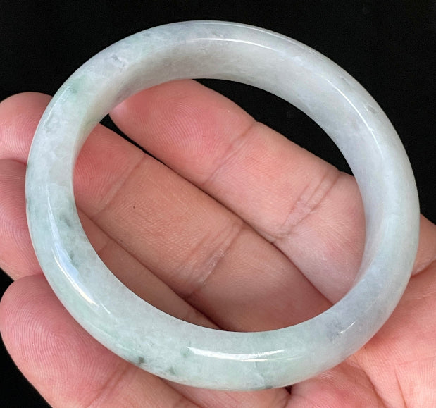 Flat inner and round outer edges of 55.2mm icy apple green and greyish white Burmese jade bangle JB920