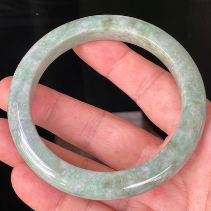 Flat inner and round outer edges of 66mm icy greyish apple and imperial green Burmese jade bangle JB223
