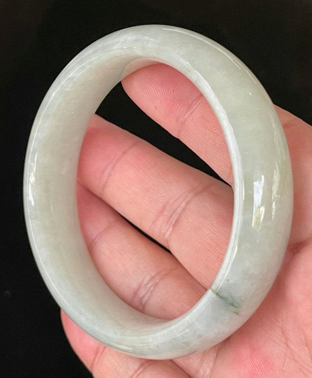Flat inner and round outer edges of 58.7mm very icy apple green Burmese jade bangle JB200