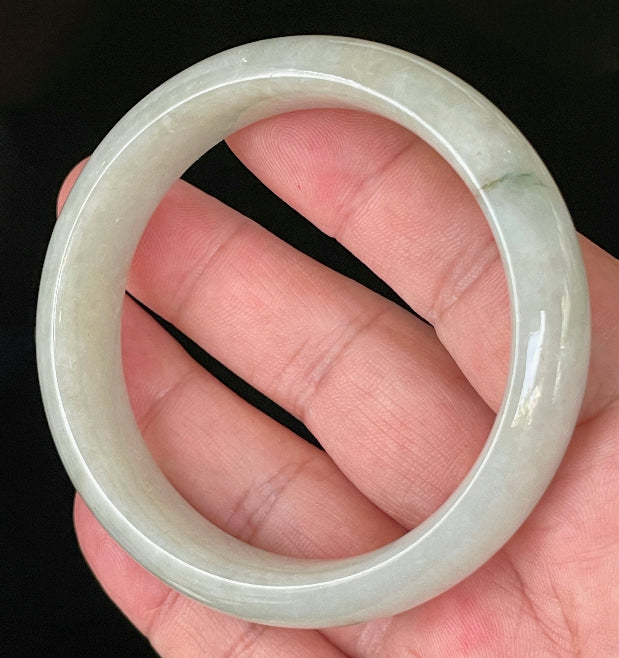 Flat inner and round outer edges of 58.7mm very icy apple green Burmese jade bangle JB200