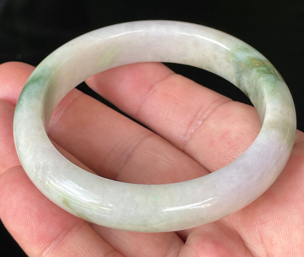 Flat inner and round outer edges of 56.8mm icy white, lavender, and green Burmese jade bangle JB215