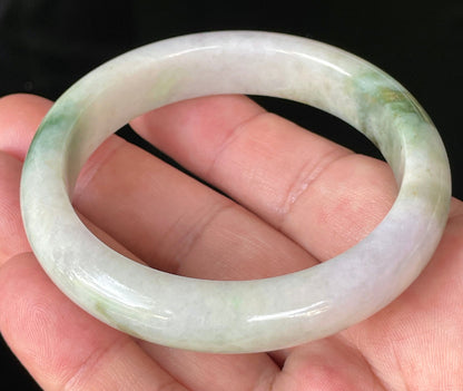 Flat inner and round outer edges of 56.8mm icy white, lavender, and green Burmese jade bangle JB215