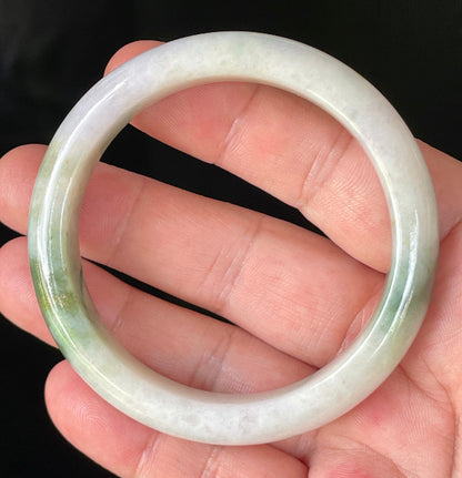 Flat inner and round outer edges of 56.8mm icy white, lavender, and green Burmese jade bangle JB215