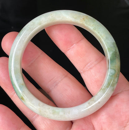 Flat inner and round outer edges of 56.8mm icy white, lavender, and green Burmese jade bangle JB215