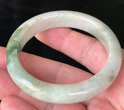 Flat inner and round outer edges of 56.8mm icy white, lavender, and green Burmese jade bangle JB215