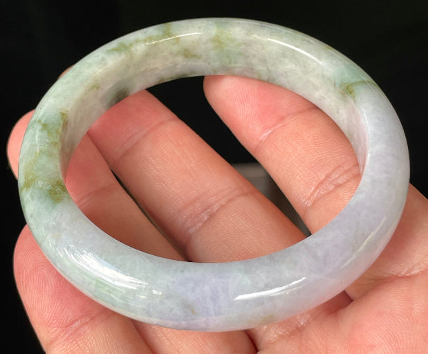 Flat inner and round outer edges of 56.7mm icy imperial green, white, and lavender Burmese jade bangle JB216