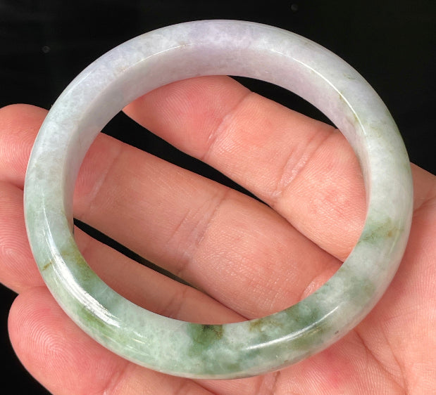 Flat inner and round outer edges of 56.7mm icy imperial green, white, and lavender Burmese jade bangle JB216