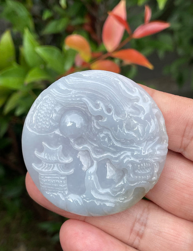 Fine texture of the authentic Myanmar jade pendant JP050 showcasing a traditional Dragon Feng Shui design for protection and prosperity
