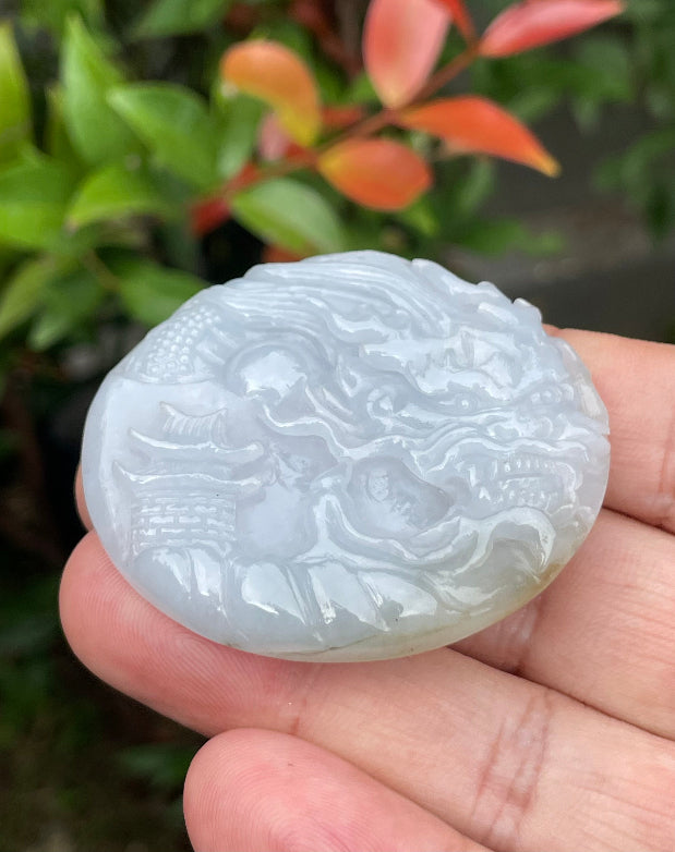 Fine texture of the authentic Myanmar jade pendant JP050 showcasing a traditional Dragon Feng Shui design for protection and prosperity