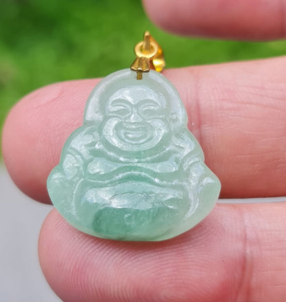 Fine texture of the authentic Myanmar jade pendant JHB001 showcasing a carved Laughing Buddha Feng Shui design for joy
