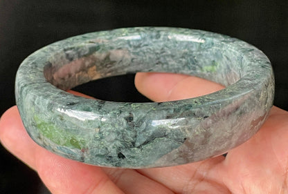 Flat style extra-wide band of 66.4mm icy black, greyish, and green Burmese jade bangle JB935
