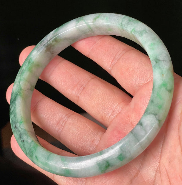 Classic round profile of 77mm icy imperial green, apple green, and greyish white Burmese jade bangle JB933