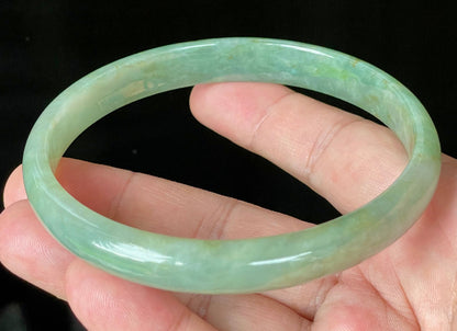 Flat inner and round outer edges of 77.5mm icy imperial and apple green Burmese jade bangle JB929