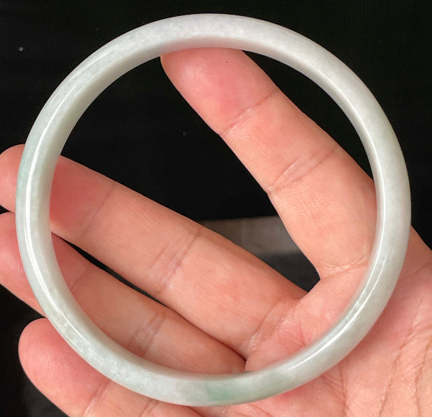 Flat inner and round outer edges of 76.5mm icy greyish white and imperial green Burmese jade bangle JB881