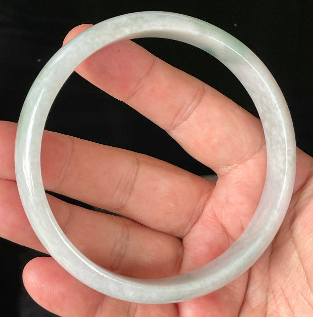 Flat inner and round outer edges of 76.5mm icy greyish white and imperial green Burmese jade bangle JB881
