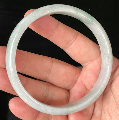 Flat inner and round outer edges of 76.5mm icy greyish white and imperial green Burmese jade bangle JB881