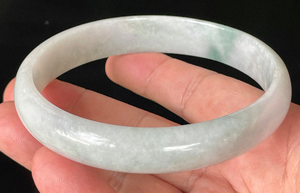 Flat inner and round outer edges of 76.5mm icy greyish white and imperial green Burmese jade bangle JB881