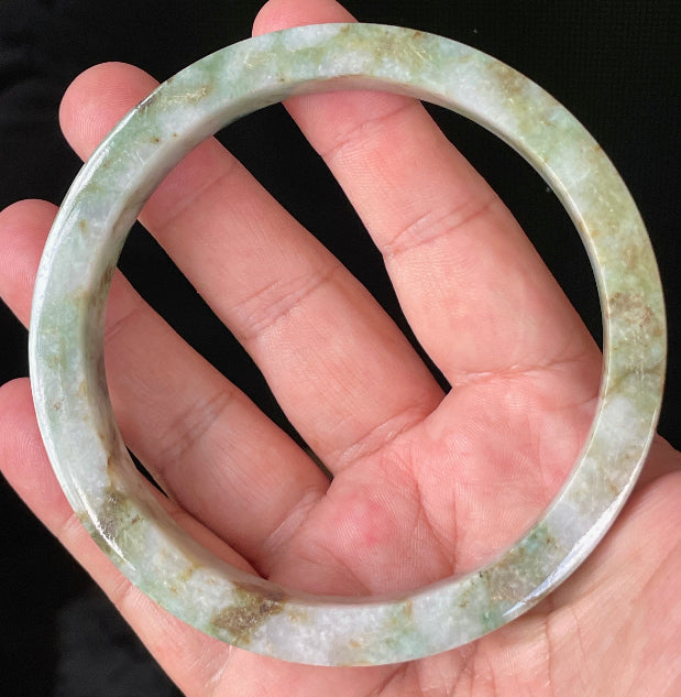 Contemporary flat style profile of 77.9mm icy apple, imperial, and moss green Burmese jade bangle JB934