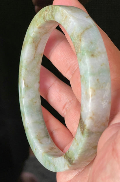 Contemporary flat style profile of 77.9mm icy apple, imperial, and moss green Burmese jade bangle JB934