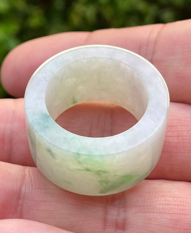Solid icy green and milky white natural Type A Burmese jade thumb ring band in size US 11.5