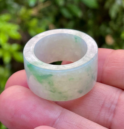 Solid icy green and milky white natural Type A Burmese jade thumb ring band in size US 11.5