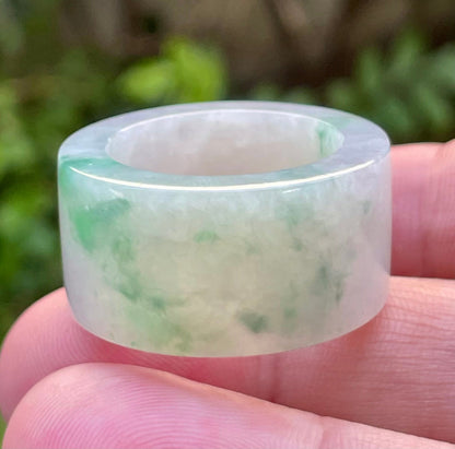Solid icy green and milky white natural Type A Burmese jade thumb ring band in size US 11.5