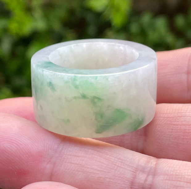 Solid icy green and milky white natural Type A Burmese jade thumb ring band in size US 11.5