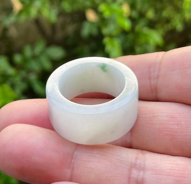 Solid icy milky white and imperial green natural Type A Burmese jade thumb ring band in size US 12