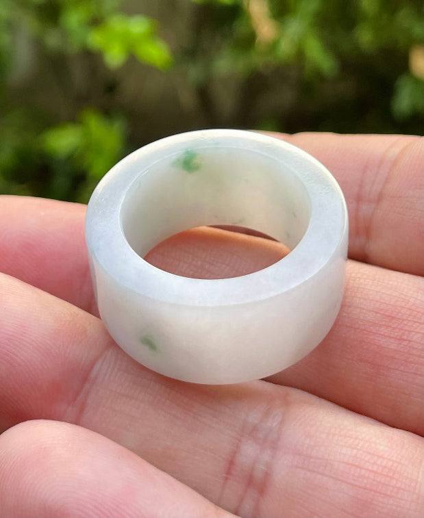 Solid icy milky white and imperial green natural Type A Burmese jade thumb ring band in size US 12